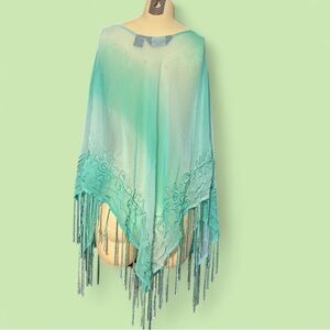 Elegant Teal Poncho with Fringe